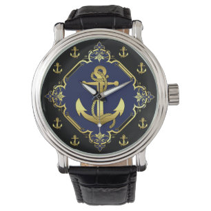 Montre Ancrage/roue du navire nautique /or/noir/marine