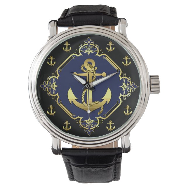 Montre Ancrage/roue du navire nautique /or/noir/marine (devant)