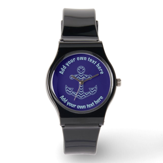 Montre Ancre Chevron bleu Texte personnalisé nautique (Recto)