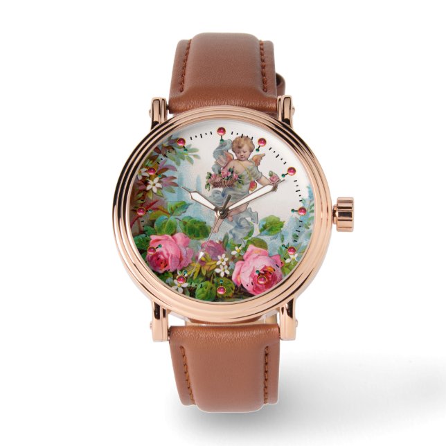 MONTRE ANGE GARDANT DES ROSES ET DES FLEURS ROSES ROMANTI (Recto)