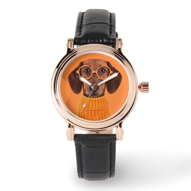 Montre Animaux de bébés cutest | Chandail orange Dachshun (Recto)