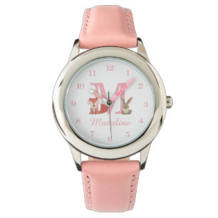 Montre Animaux de la Forêt Rose Monogramme Initiale Fille
