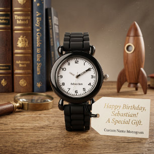 Montre Anniversaire Noir Blanc Nom Personnalisé Garçons E
