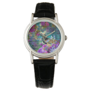Montre Antique Paon et Fleurs Illustrés Grunge