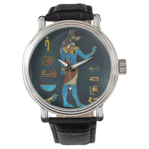 Montre Anubis en or égyptien, bleu et rouge
