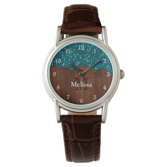 Montre Aqua bleu étincelle bois rustique Monogramme (devant)
