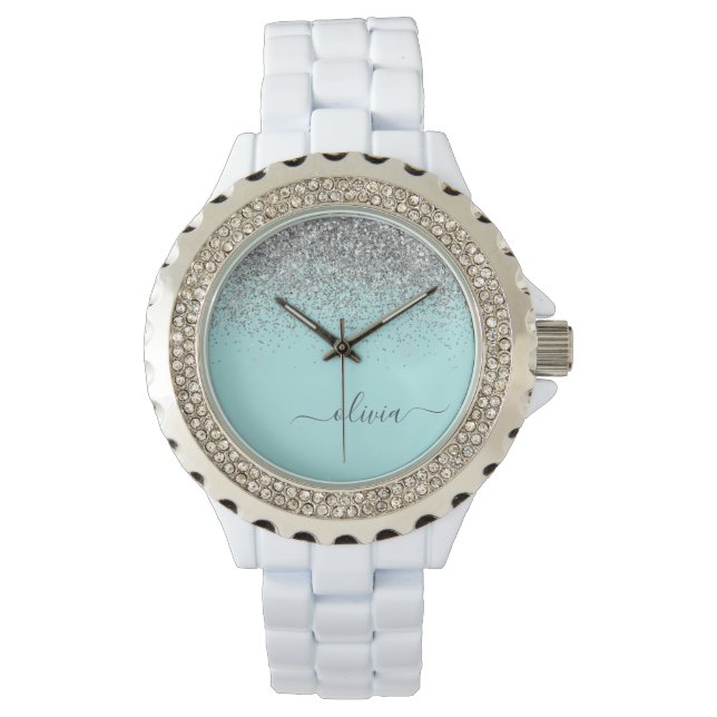 Montre Aqua Bleu Turquoise Argent Pailleté Monogramme (devant)