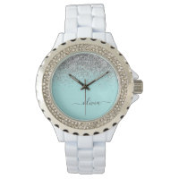 Aqua Bleu Turquoise Argent Paillettes Monogramme