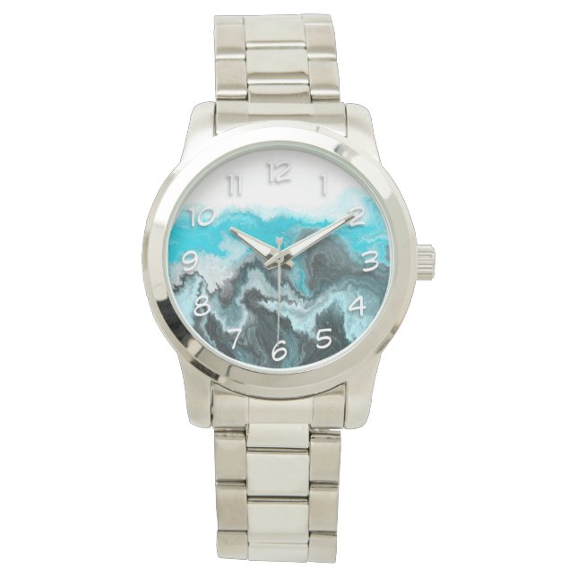 Montre Aqua Blue Grey et Black Waves Art moderne Abstrait (devant)