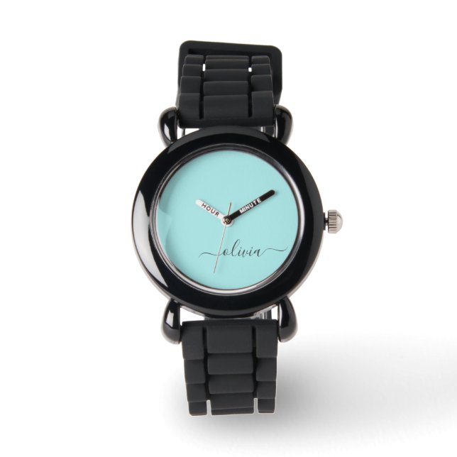 Montre Aqua Blue Turquoise Moderne Script Girl Monogramme (Recto)