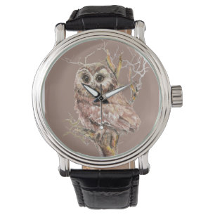 Montre Aquarelle Baby Saw Whet Owl in Tree Bird Art
