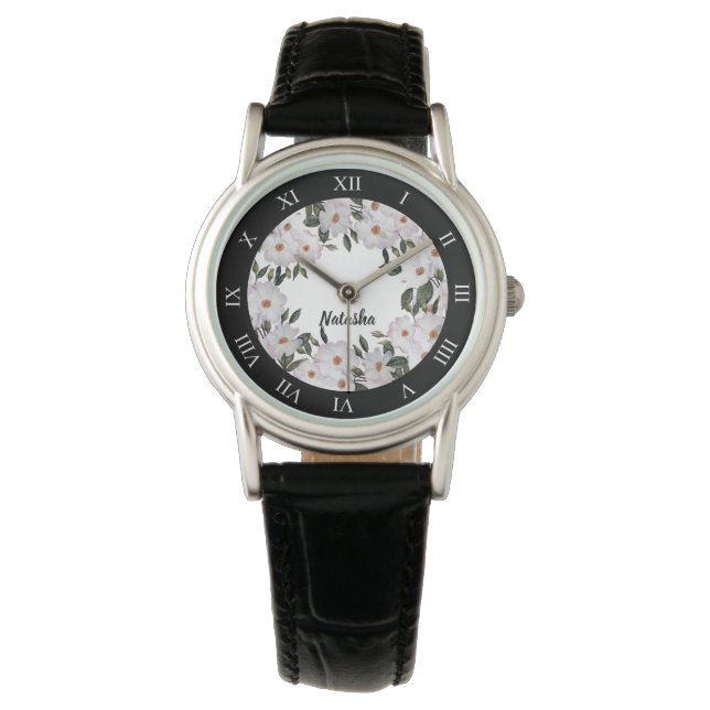 Montre Aquarelle blanc rose pâle Roses Cercle de couronne (devant)