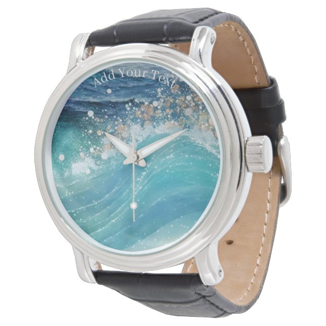 Montre Aquarelle Bleu Blanc Océan Vague Personnalisée Nom (Incliné)