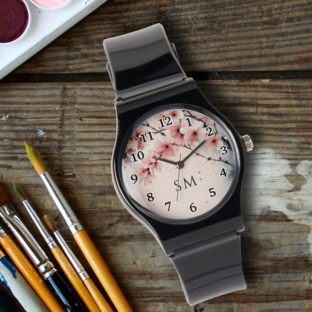 Montre Aquarelle Cherry Blossom Floral Girly Monogramme (Créateur téléchargé)