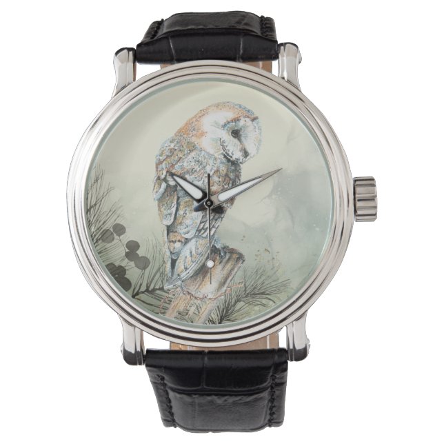 Montre Aquarelle Chouette de la grange dans l'arbre Oisea (devant)
