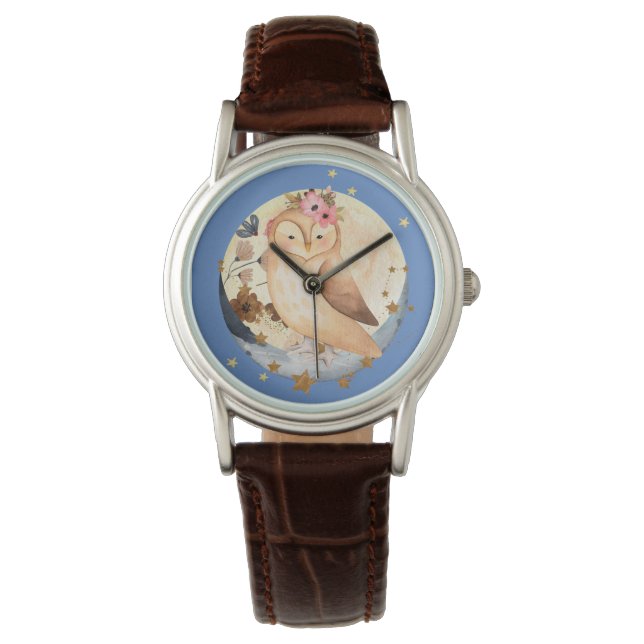 Montre Aquarelle Chouette Fleurs Lune et étoiles (devant)
