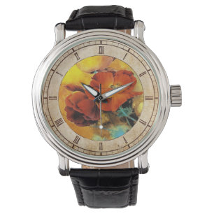 Montre aquarelle Cool de fleurs chinoises rouges de pavot