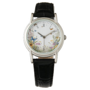 Montre Aquarelle Fleur sauvage Gris Et Papillons,