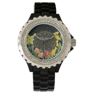Montre Aquarelle Fleurs de Printemps Jaune Orange Damassé