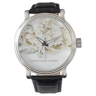 Montre Aquarelle florale minimaliste moderne Peonie blanc