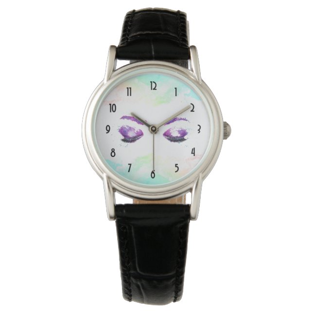 Montre Aquarelle glamour aux yeux et aux bouillons pourpr (devant)