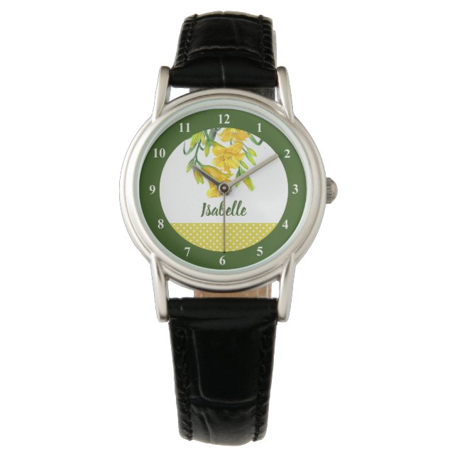 Montre Aquarelle Jaune Lys Floral avec chiffres (devant)