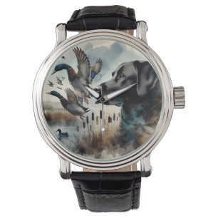 Montre Aquarelle Labrador noir et canards