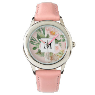 Montre Aquarelle moderne Fleurs roses Monogrammes