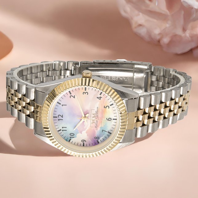 Montre Aquarelle Nuages Noir Or Monogramme Nom Script (Créateur téléchargé)
