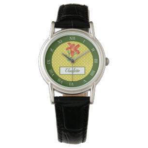 Montre Aquarelle Orange Lily Pois chiffres romains