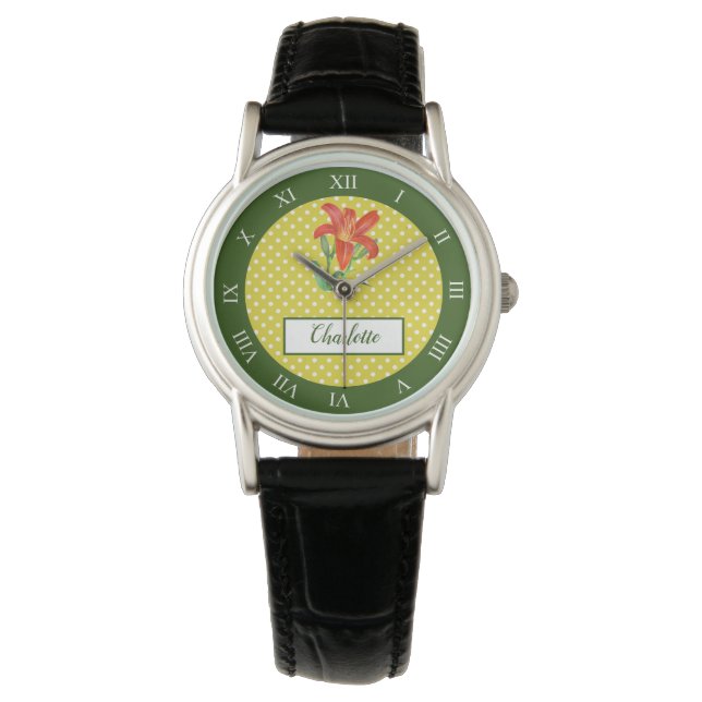 Montre Aquarelle Orange Lily Pois chiffres romains (devant)