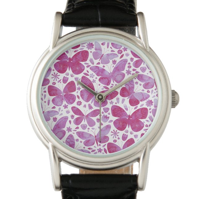 Montre Aquarelle papillon rose (Magenta pink and white watercolor butterfly pattern watch)