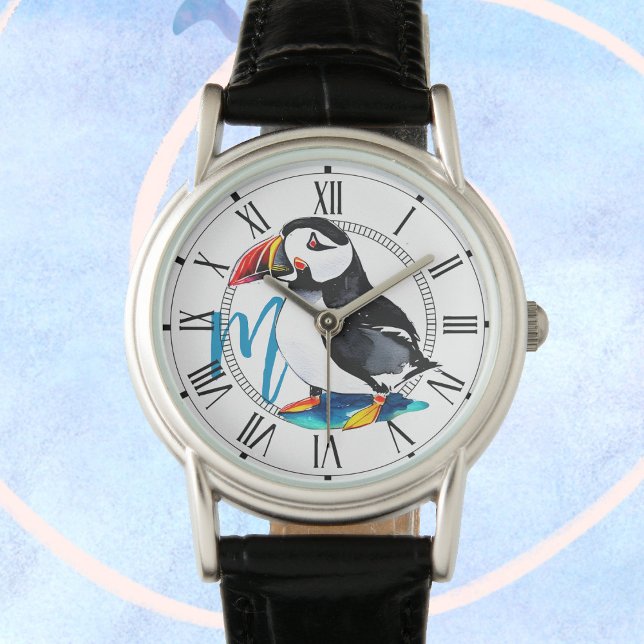 Montre Aquarelle Puffin Oiseau + Monogramme Animaux sauva (Créateur téléchargé)