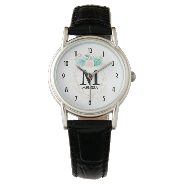 Montre Aquarelle rose et vert moderne Succulents Monogram (devant)