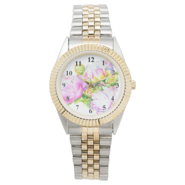 Montre Aquarelle rose fleurie rose pivoines blanc floral (devant)