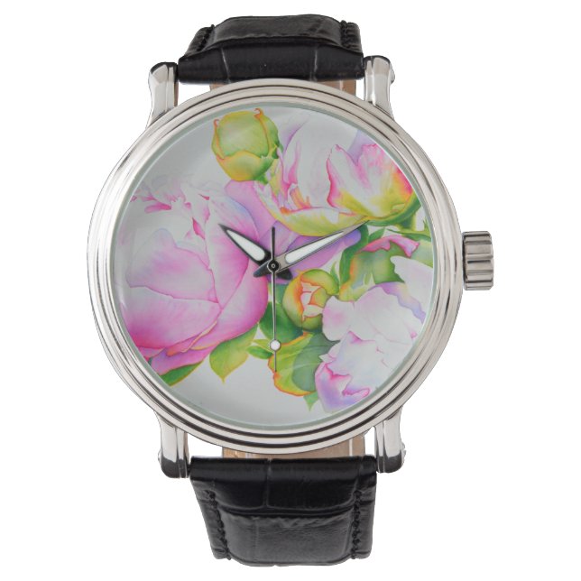 Montre Aquarelle rose fleurie rose pivoines blanc floral (devant)