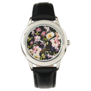 Montre Aquarelle rose Roses Jaunes Arrière - plan noir