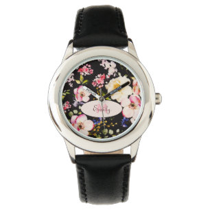 Montre Aquarelle rose Roses jaunes sur noir, Monogramme