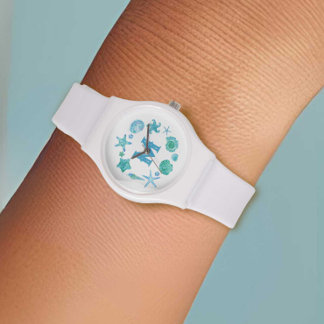 Montre Aquarelle Sea Shells & Starfish Blue Monogramme