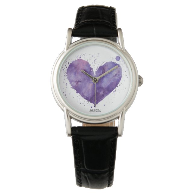 Montre *~* Aquarelle violet chic Fille Coeur Cuir (devant)