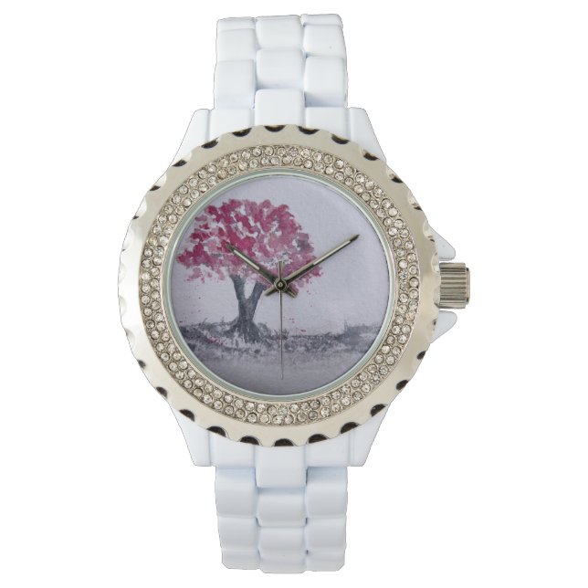 Montre Arbre cerise en fleurs Aquarelle oeuvre originale (devant)