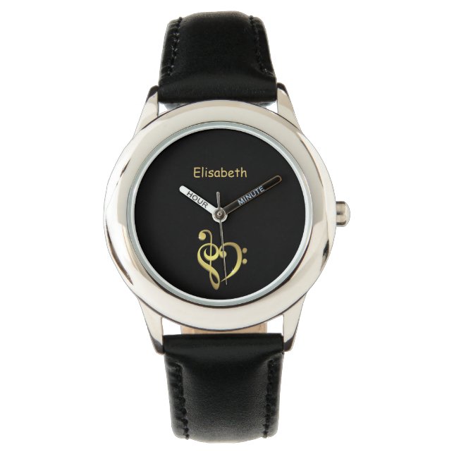 Montre Arbre et basse clef musique coeur amour nom noir (devant)