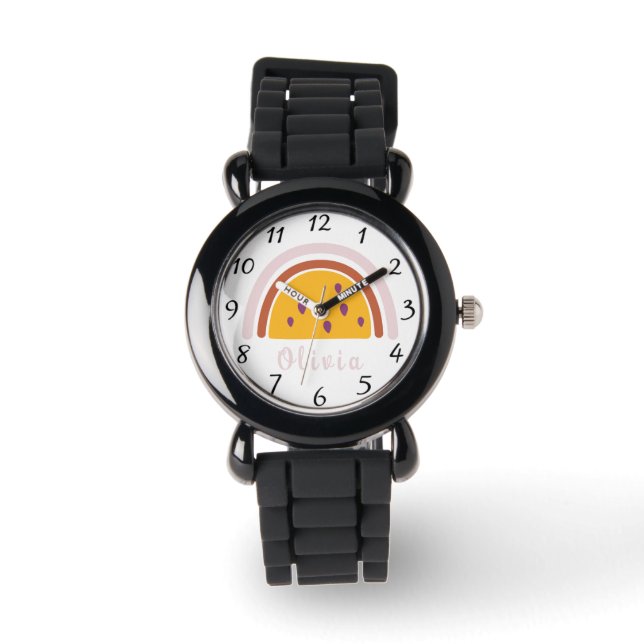 Montre Arc-en-ciel Boho avec nom personnalisé Jaune (Recto)