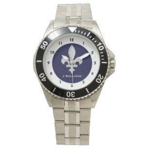 Montre Argent Fleur-De-lys sur bleu-foncé sur le