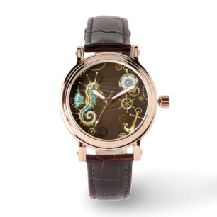 Montre Arrière - plan en bois avec cheval de mer mécaniqu