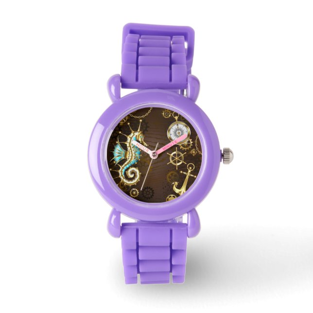 Montre Arrière - plan en bois avec cheval de mer mécaniqu (Recto)