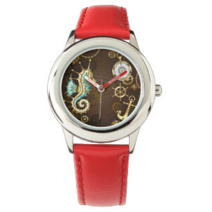 Montre Arrière - plan en bois avec cheval de mer mécaniqu