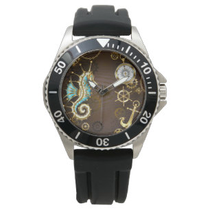 Montre Arrière - plan en bois avec cheval de mer mécaniqu