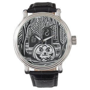 Montre Art de cimetière de citrouille d'Halloween noir bl