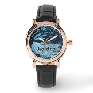 Montre Art de papillon bleu grunge abstrait personnalisé